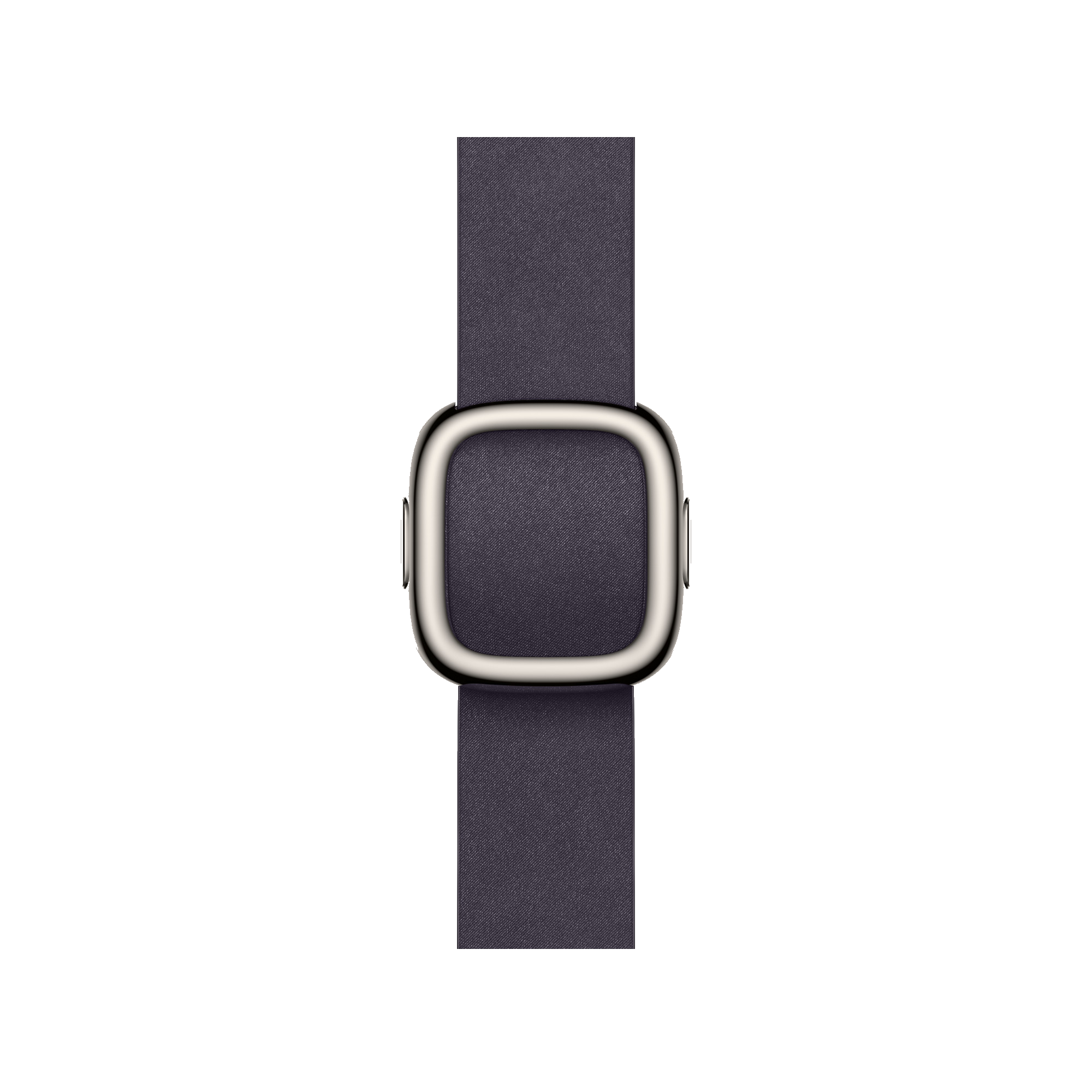 Zegarek ze srebrną ramką i granatowym paskiem na czarnym tle. Zegarek ma kwadratową tarczę z zaokrąglonymi krawędziami.