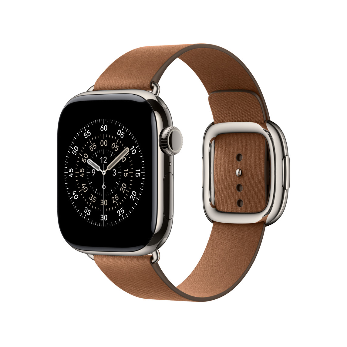 Apple Watch z brązowym skórzanym paskiem. Tarcza zegarka jest czarna z białymi oznaczeniami. Obudowa jest srebrna.
