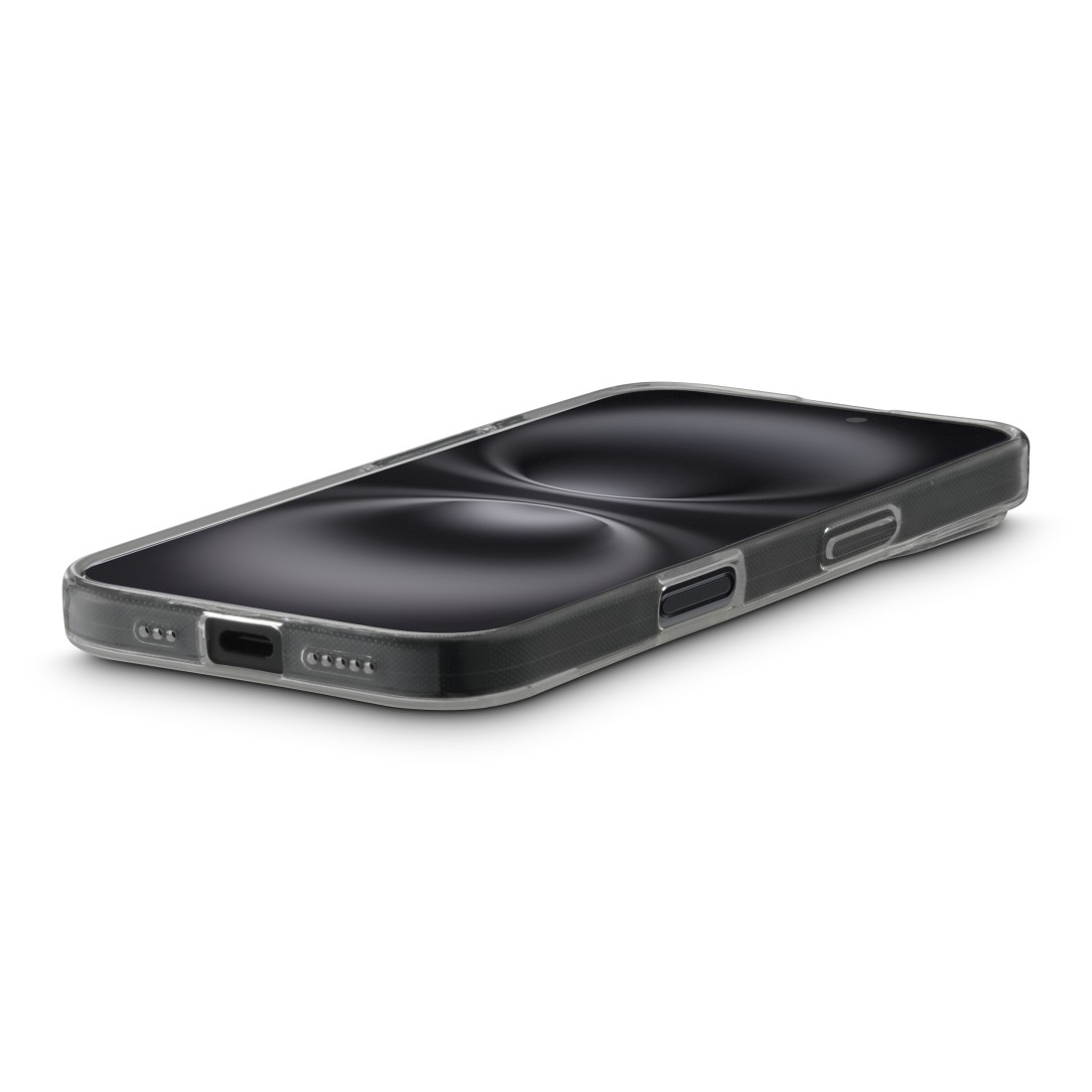 Ein Smartphone in einer transparenten Hülle liegt auf einer weißen Oberfläche. Der Bildschirm des Telefons ist schwarz, mit einem dezenten geschwungenen Design.