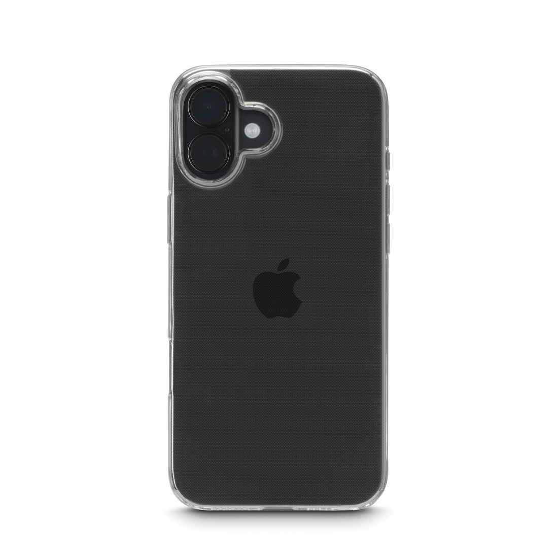 Transparente Handyhülle vor weißem Hintergrund. Das Telefon hat eine schwarze Rückseite mit Apple-Logo. Kamera oben links.