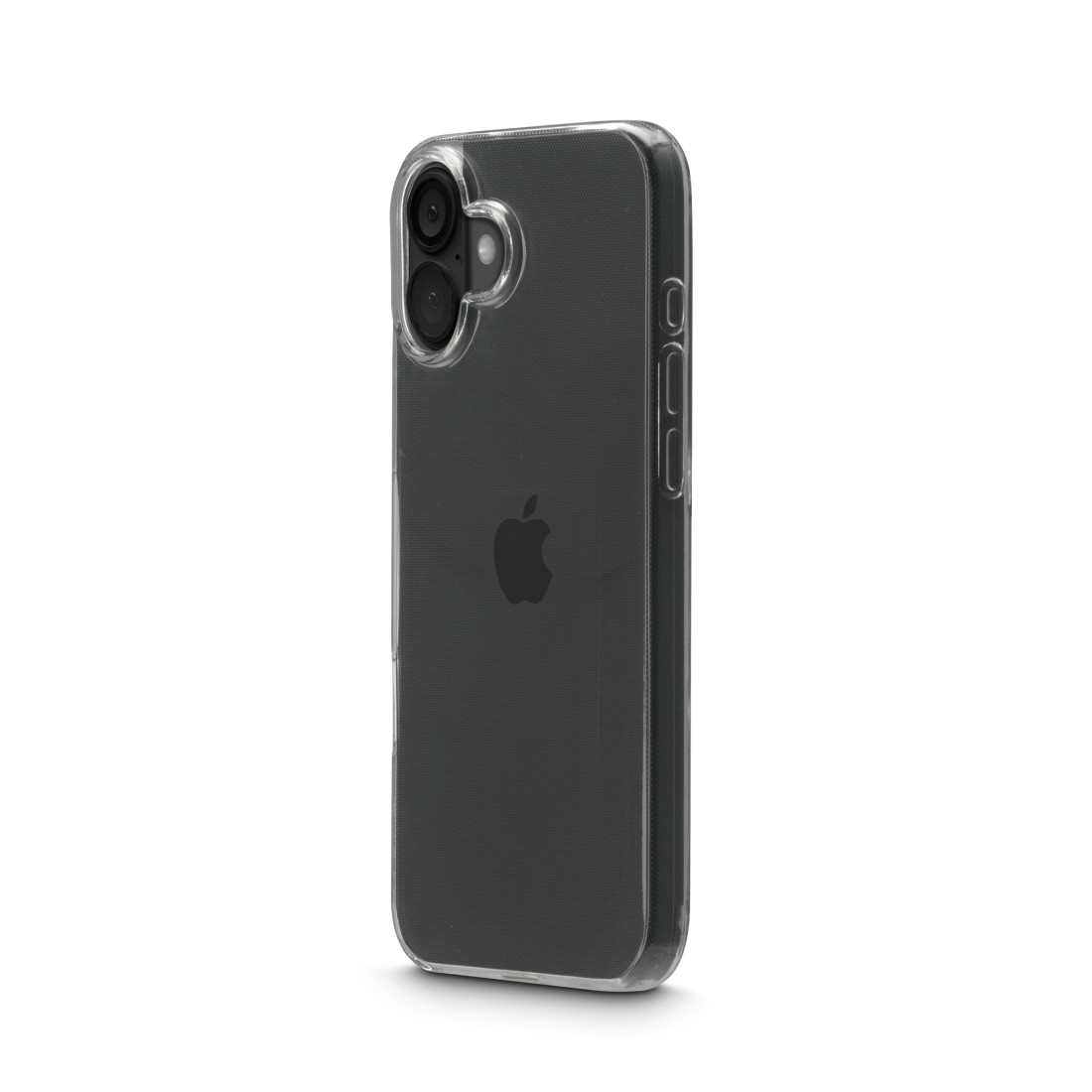 Ein schwarzes iPhone in einer durchsichtigen Hülle. Das Apple-Logo ist auf der Rückseite sichtbar. Das Telefon ist auf weißem Hintergrund.