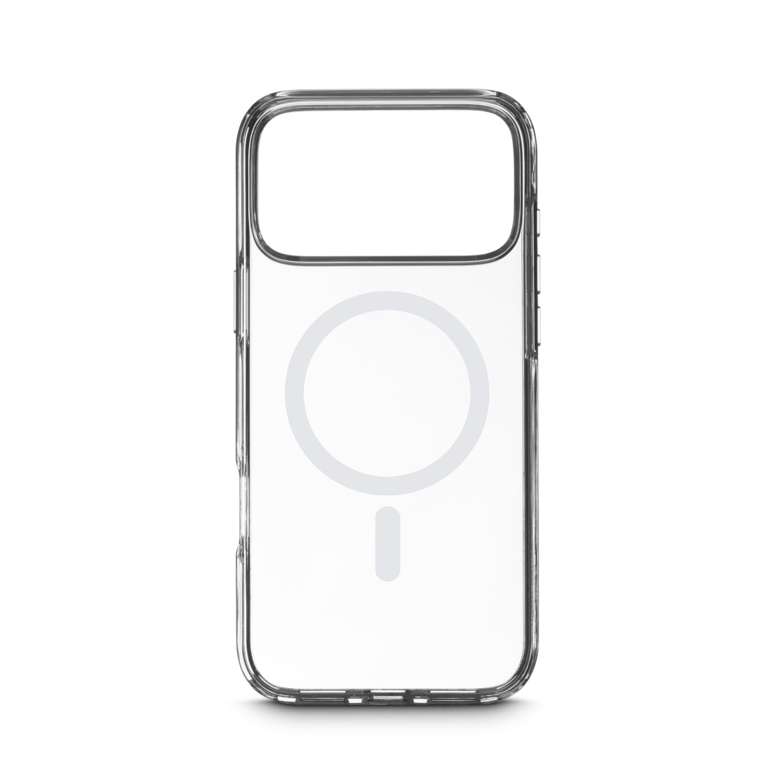 Eine transparente Handyhülle mit kreisförmigem Design und einer vertikalen Linie. Die Hülle hat einen rechteckigen Kameraausschnitt.