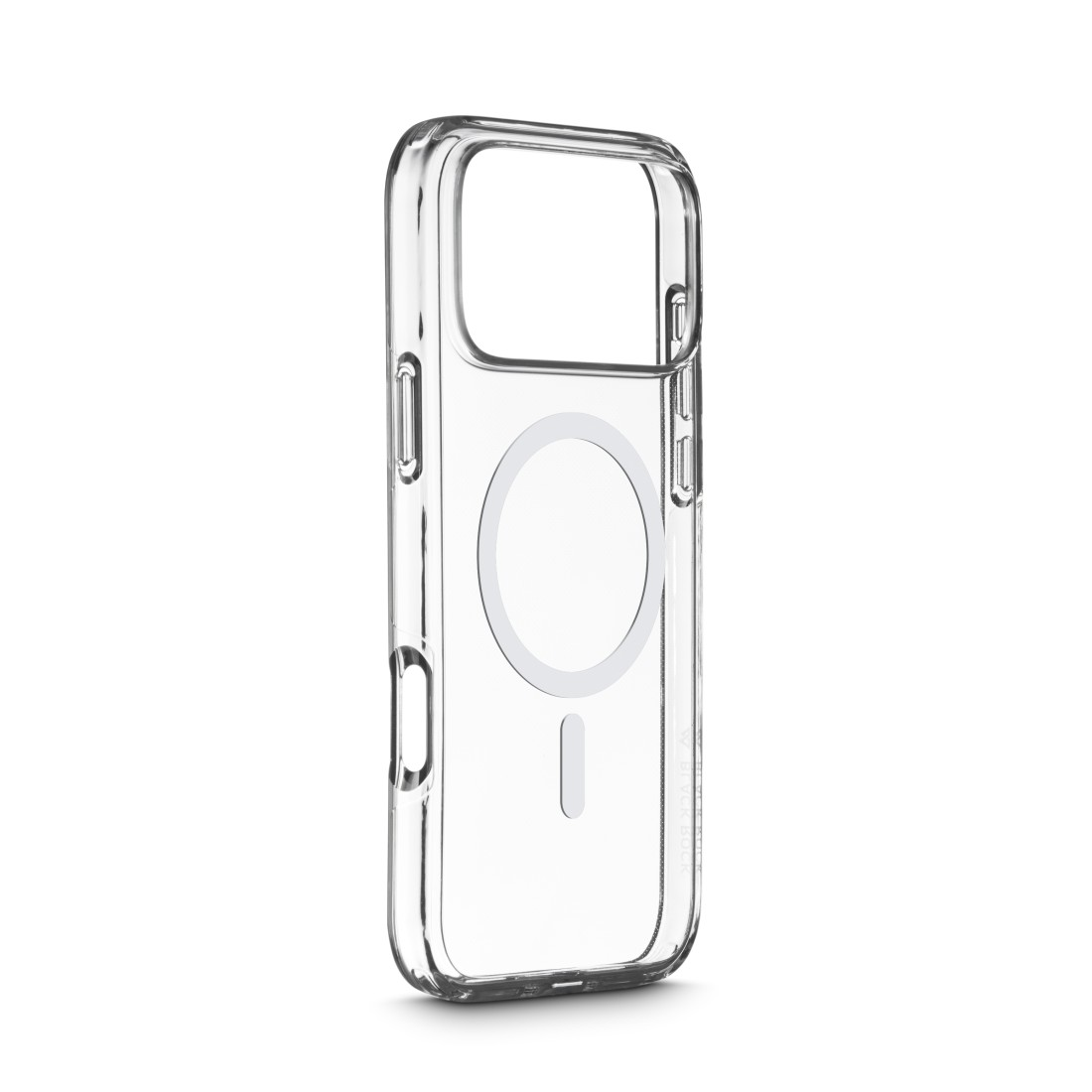 Transparente Handyhülle mit weißem MagSafe-Kreis und Kameraaussparung. Die Hülle ist transparent und zeigt das Telefondesign.