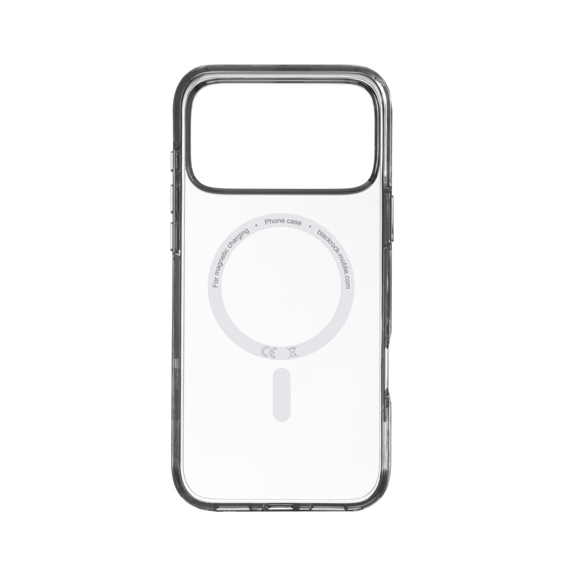 Transparente Handyhülle mit magnetischem Ladekreis. Aufschrift: 'Phone case' und 'blackrock-mobile.com'.