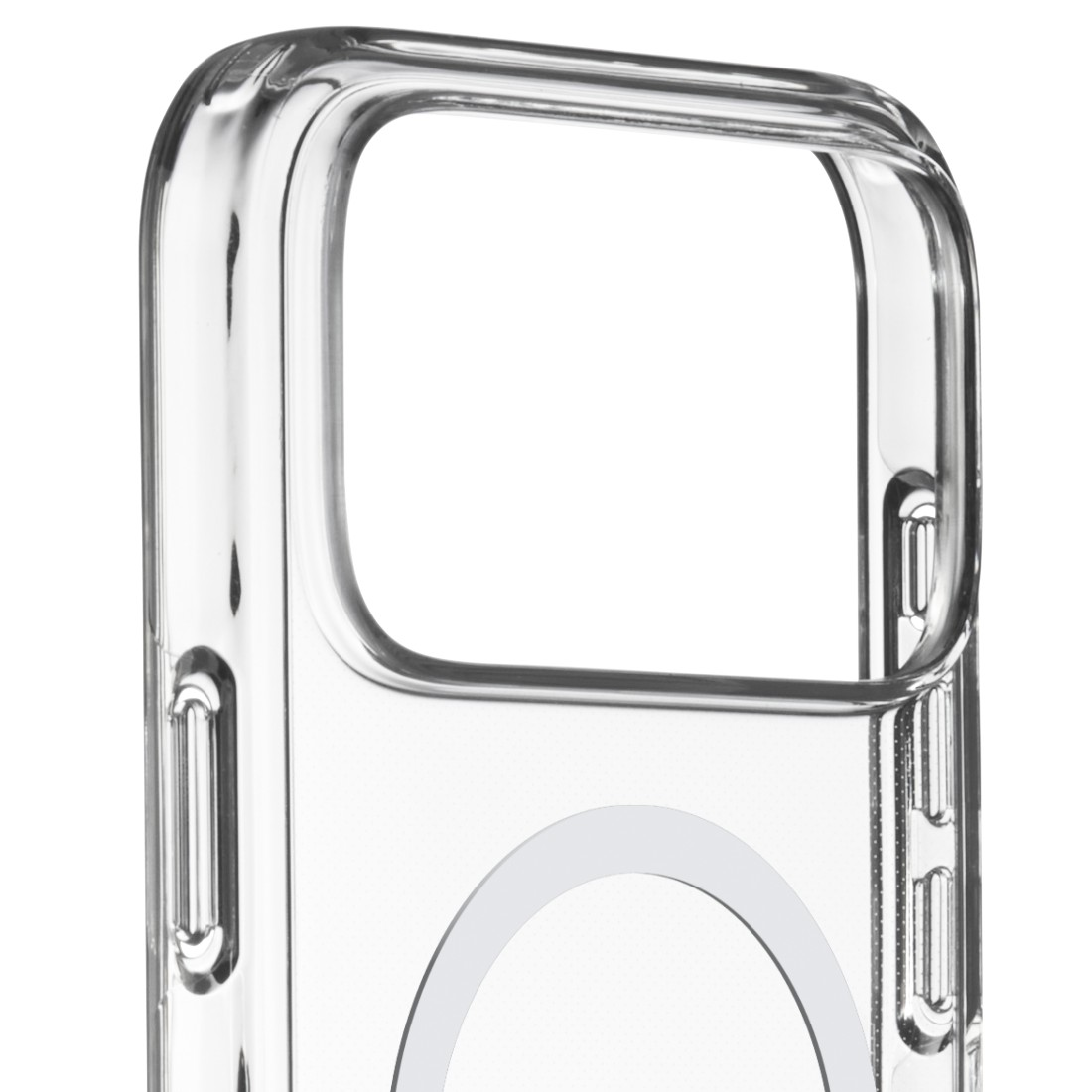 Eine transparente Schutzhülle für das Telefon mit abgerundeten Ecken. Die Hülle hat Aussparungen für Kamera und Knöpfe und einen MagSafe-Ring.