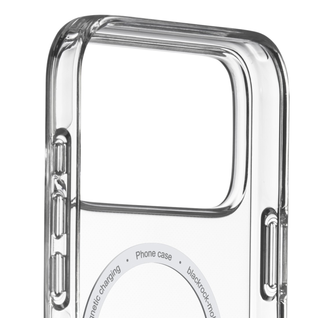 Eine transparente Handyhülle mit abgerundeten Kanten. Die Hülle hat einen Ausschnitt für die Kamera und einen Bereich mit der Aufschrift 'Phone case'.