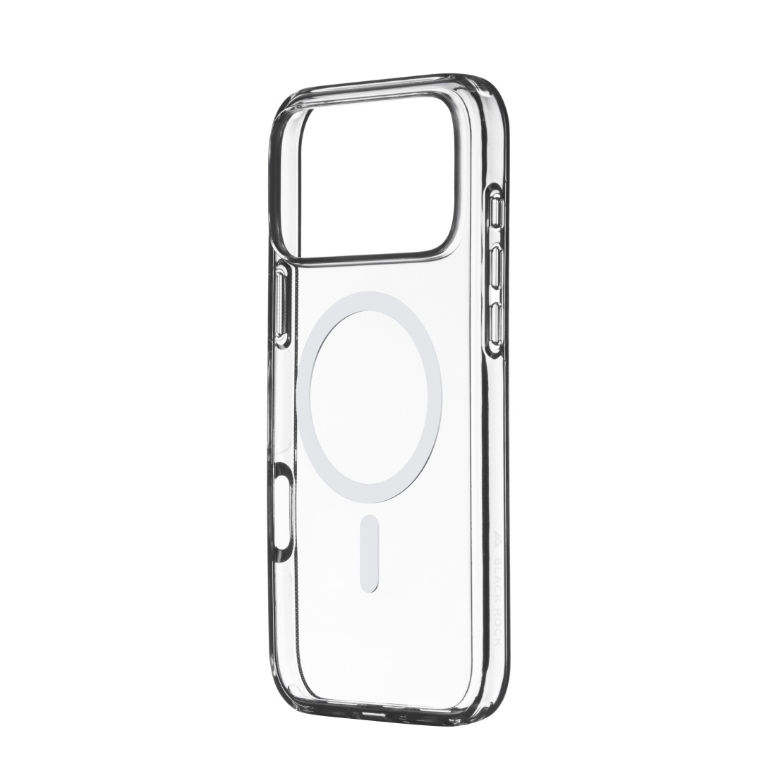 Eine transparente Handyhülle mit MagSafe-Kreis und Aussparungen für Knöpfe. Die Hülle ist transparent und liegt auf weißem Grund.