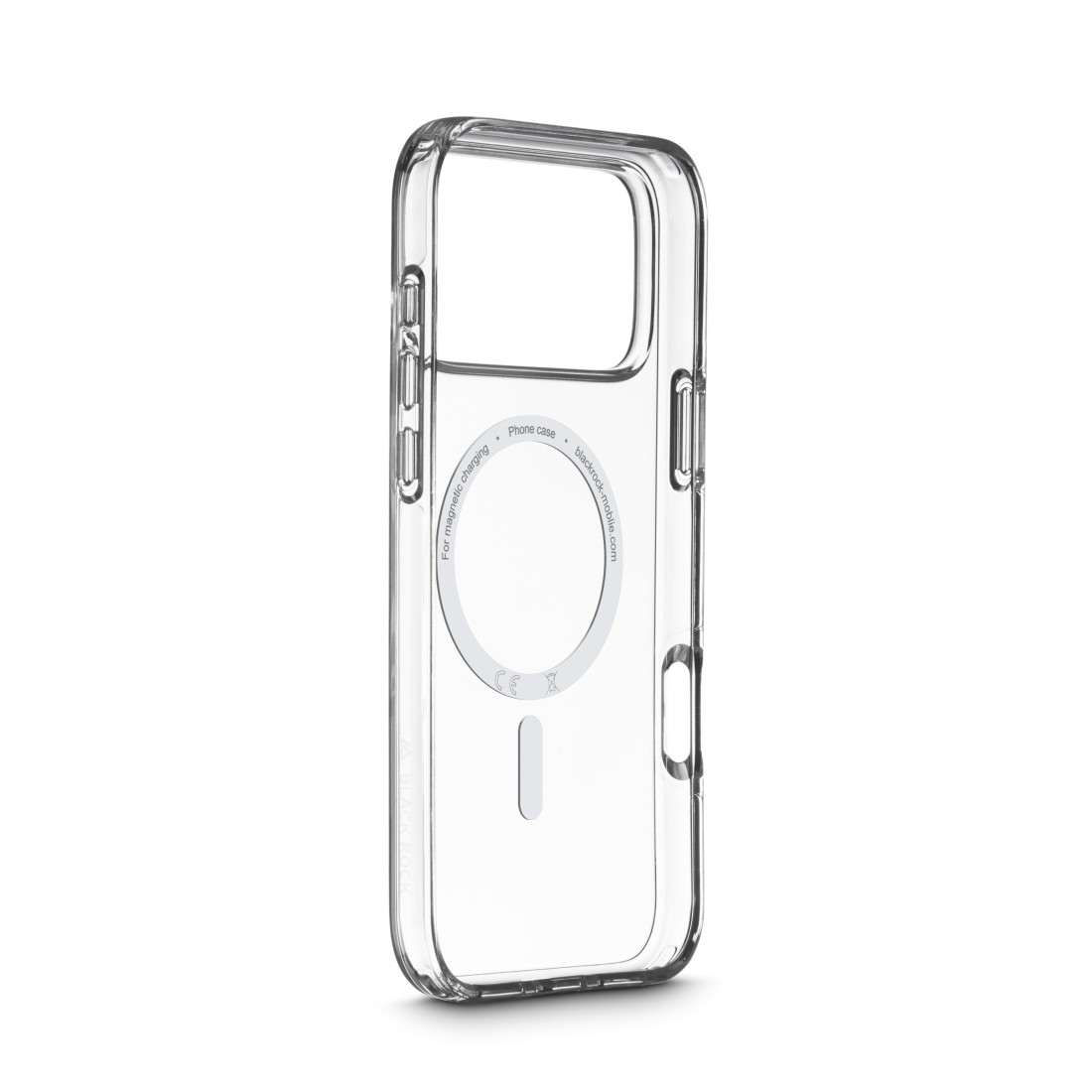 Eine transparente Handyhülle. Sie hat ein kreisförmiges Design für magnetisches Laden und den Text 'blackrock-mobile.com'.