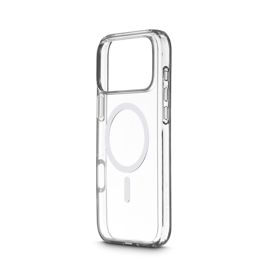 Eine transparente Handyhülle mit MagSafe-Ring und Ausschnitten für die Knöpfe. Die Hülle ist transparent und liegt auf weißem Grund.