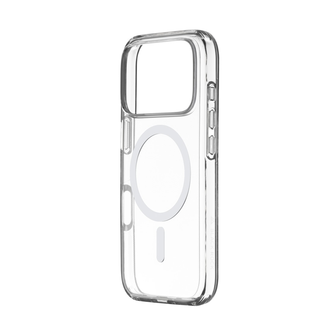 Transparente Handyhülle. Mit Kameraausschnitt, kreisförmigem MagSafe-Ring und Tastenöffnungen. Black Rock Logo sichtbar.