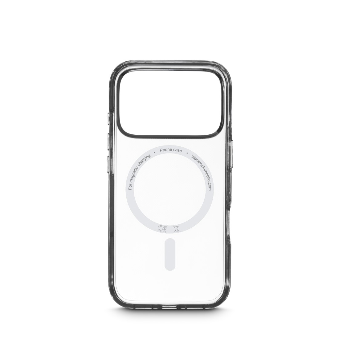 Eine transparente Handyhülle für magnetisches Laden. Sie hat ein kreisförmiges Design in der Mitte mit dem Text 'Für magnetisches Laden' und 'blackrock-mobile.com'.