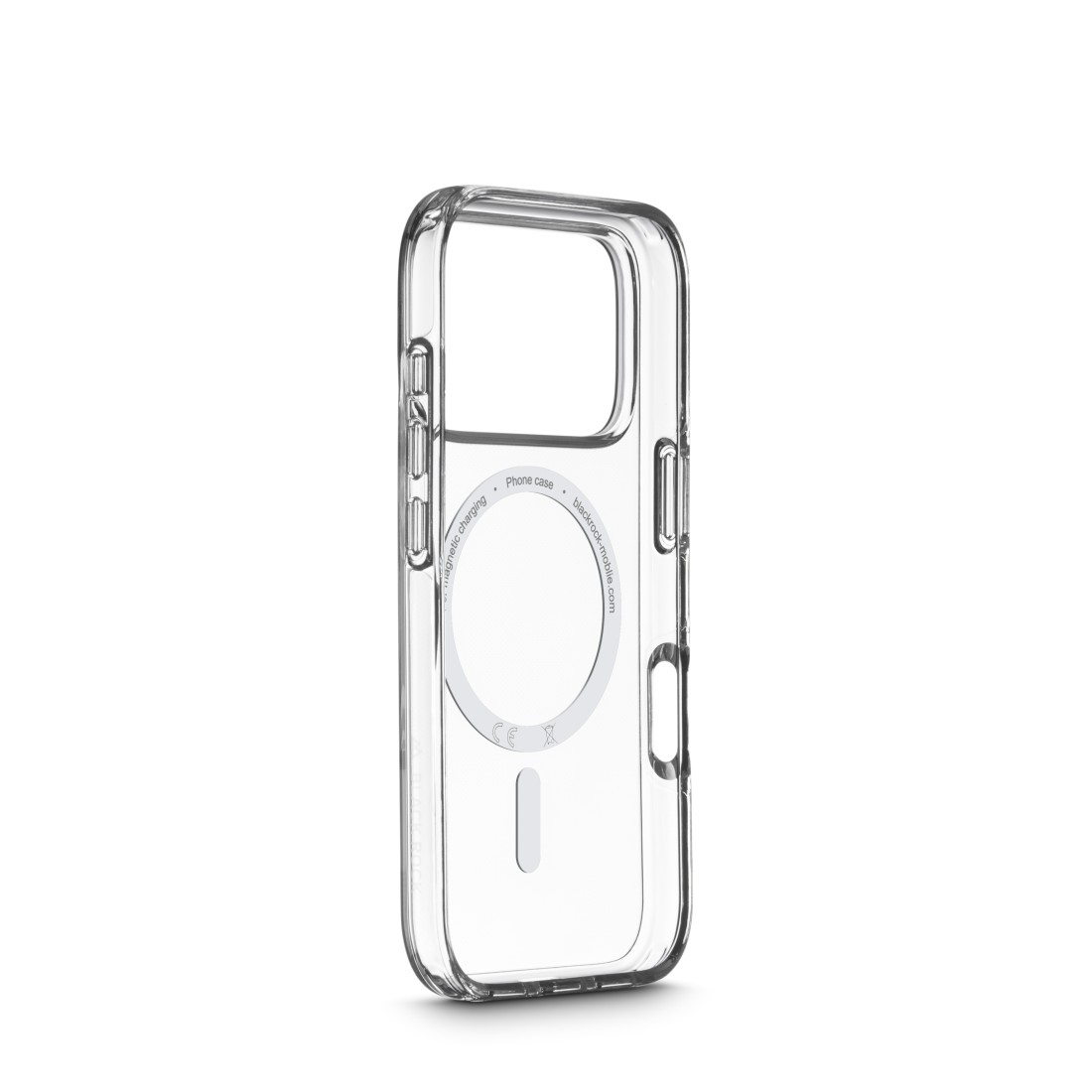 Eine transparente Handyhülle mit magnetischen Ladefunktionen wird vor weißem Hintergrund gezeigt. Die Hülle ist transparent und zeigt Details.