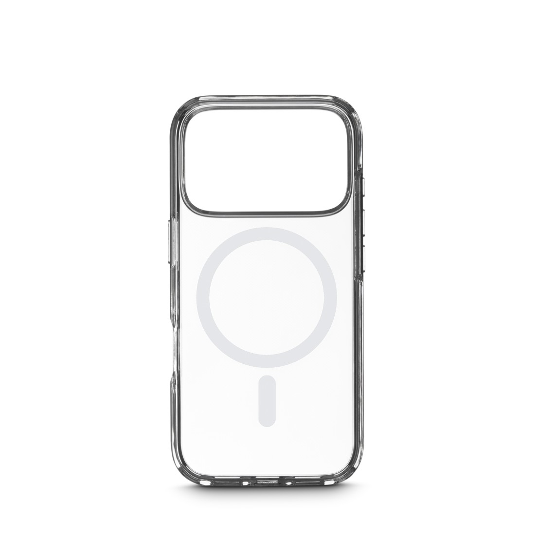 Transparente Handyhülle mit MagSafe-Kreis und Minuszeichen auf weißem Hintergrund. Die Hülle hat einen rechteckigen Kameraausschnitt.