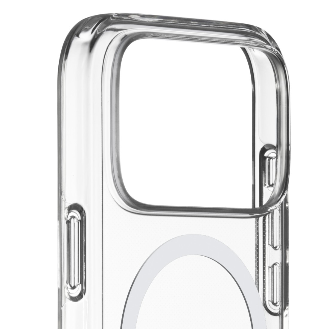 Eine transparente Handyhülle, die den Kameraausschnitt und die Knöpfe zeigt, mit weißem Hintergrund. Die Hülle ist transparent.
