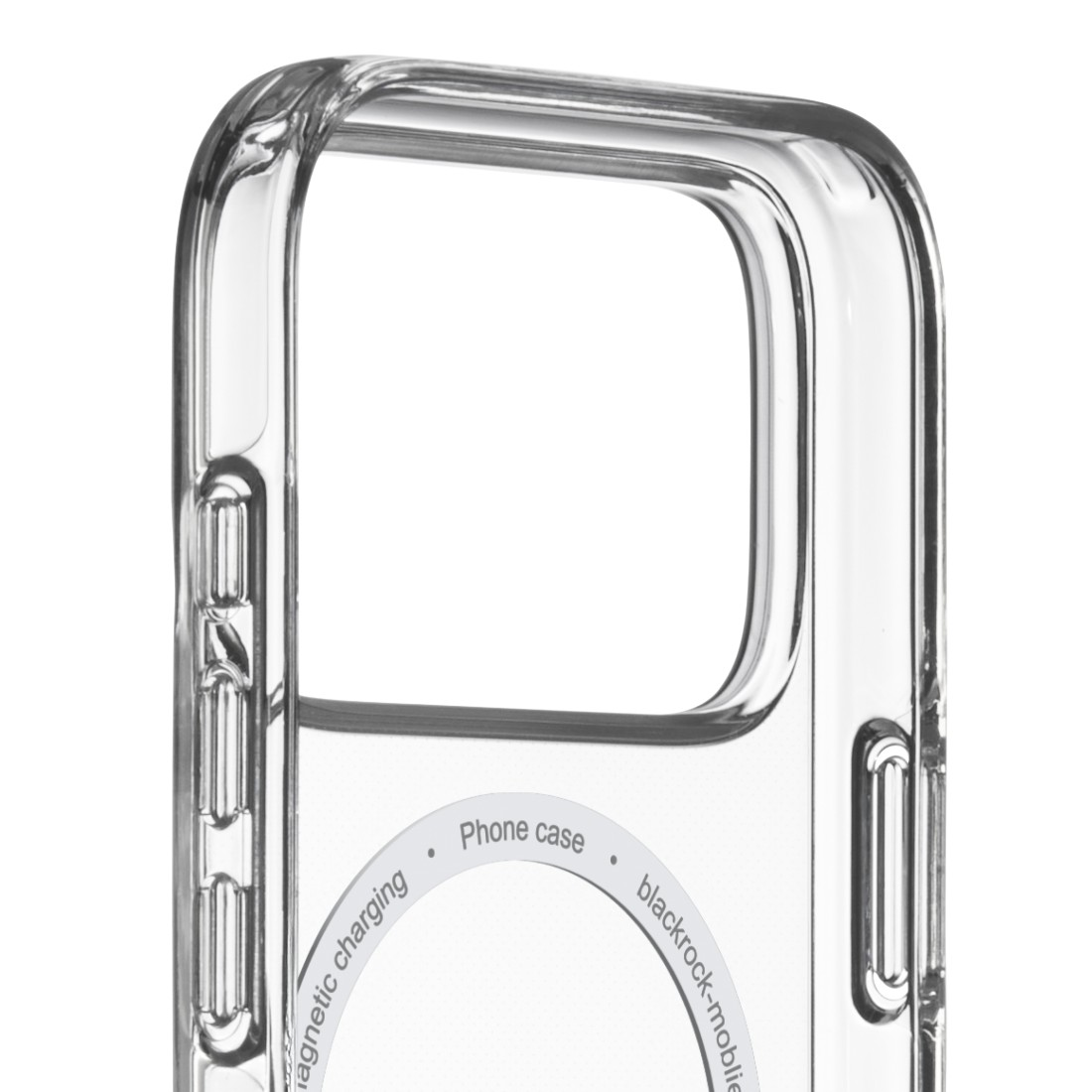 Transparente Handyhülle mit abgerundeten Kanten. Ein weißer Kreis mit 'Phone case' in der Mitte. 'Magnetic charging' und 'blackrock-mobile' stehen darauf.