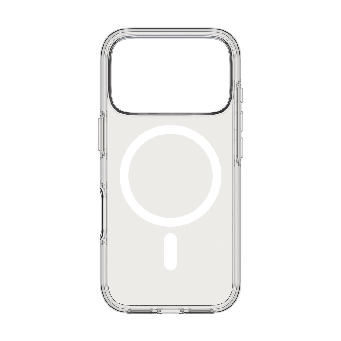 Eine transparente Handyhülle mit rechteckigem Kameraausschnitt und weißem Kreis- und Liniendesign.
