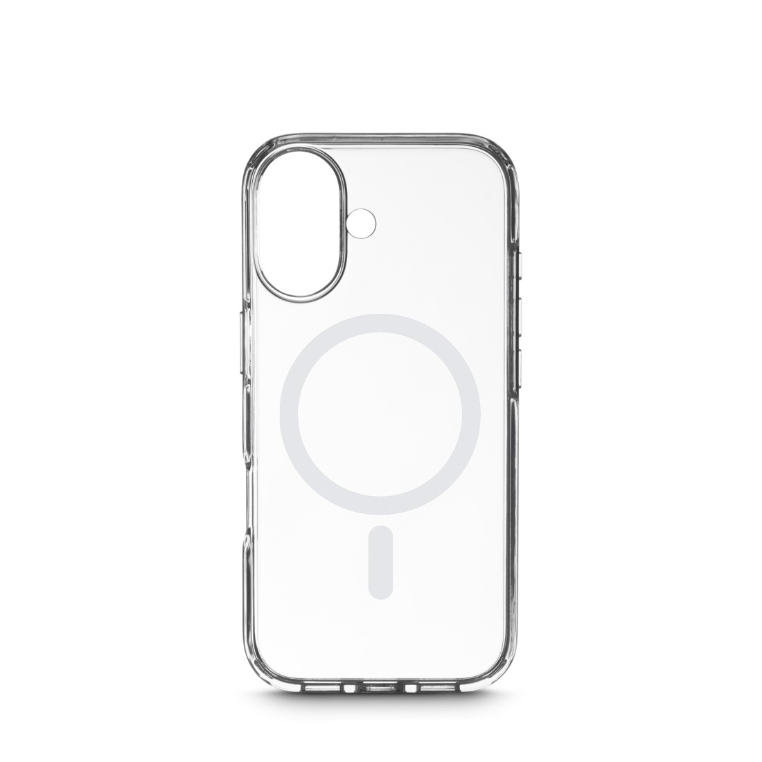 Transparente Handyhülle mit Kameraausschnitt und kreisförmigem MagSafe-Symbol. Die Hülle ist transparent, mit weißem Hintergrund.