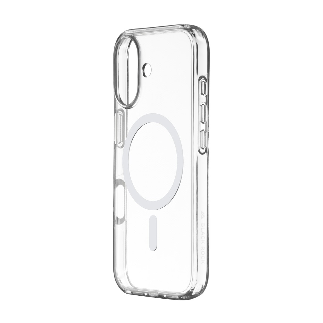 Eine transparente Handyhülle mit einem weißen kreisförmigen Magnetring und einem Minuszeichen. Die Hülle hat Tastenabdeckungen.