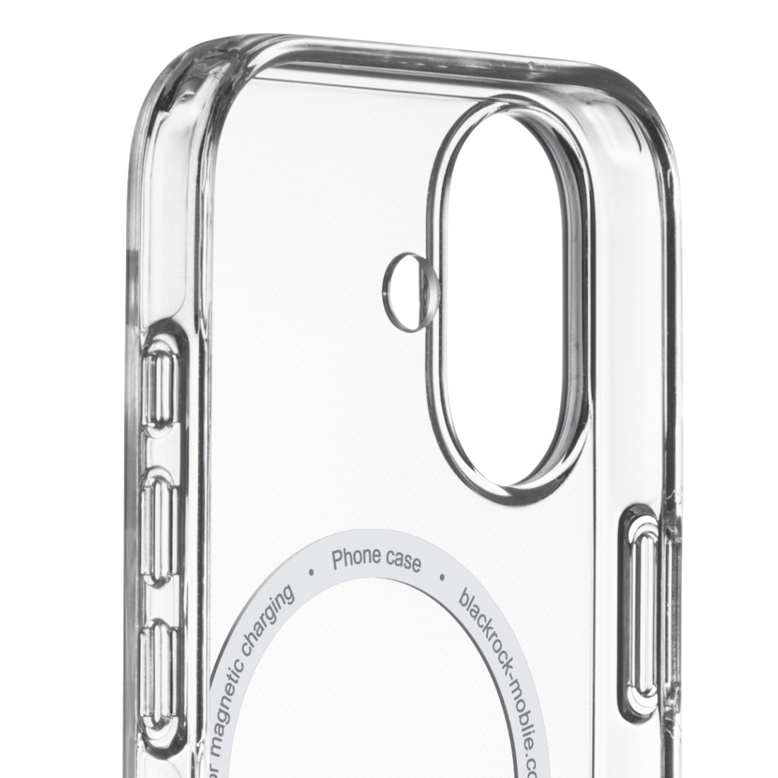 Eine transparente Handyhülle. Die Hülle hat ein geschwungenes Design und Öffnungen für Knöpfe und Kamera. Text: 'Handyhülle'.
