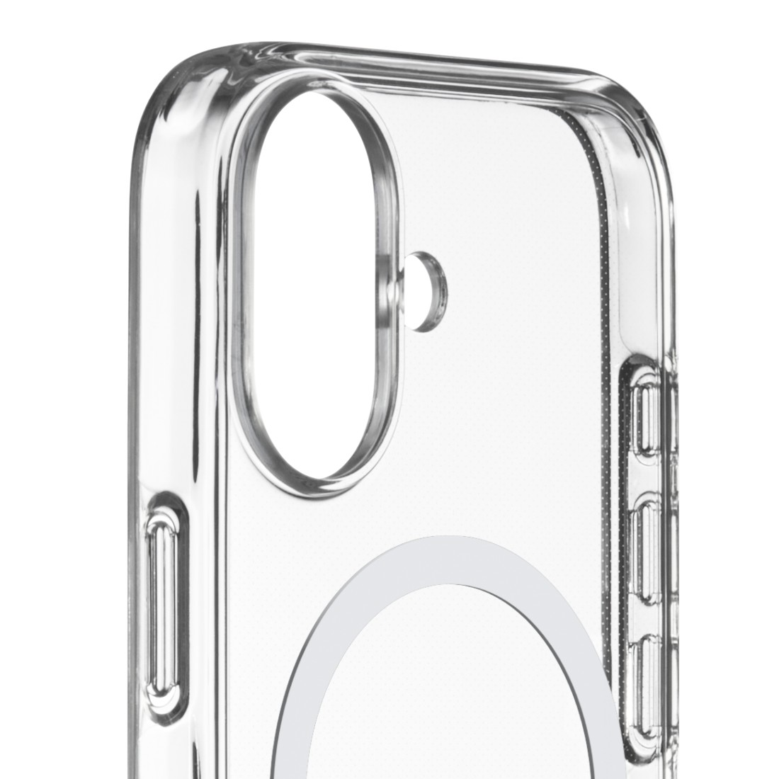 Transparente Handyhülle mit abgerundeten Ecken und einem Kamera Loch. Unten ist ein weißer Kreis sichtbar. Die Hülle ist transparent.