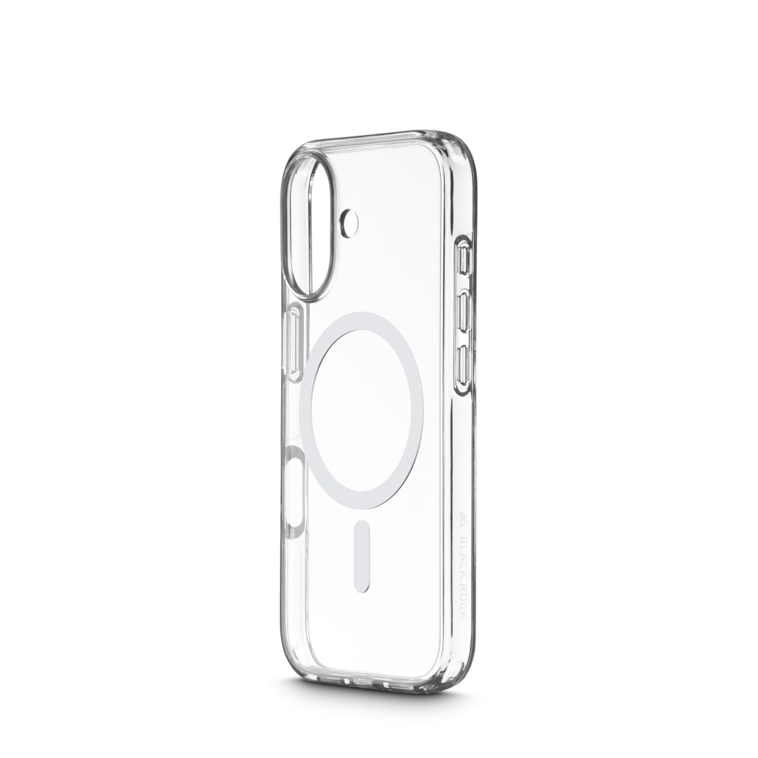 Eine transparente Handyhülle mit weißem Magnetring und Logo, die vor weißem Hintergrund aufrecht steht.
