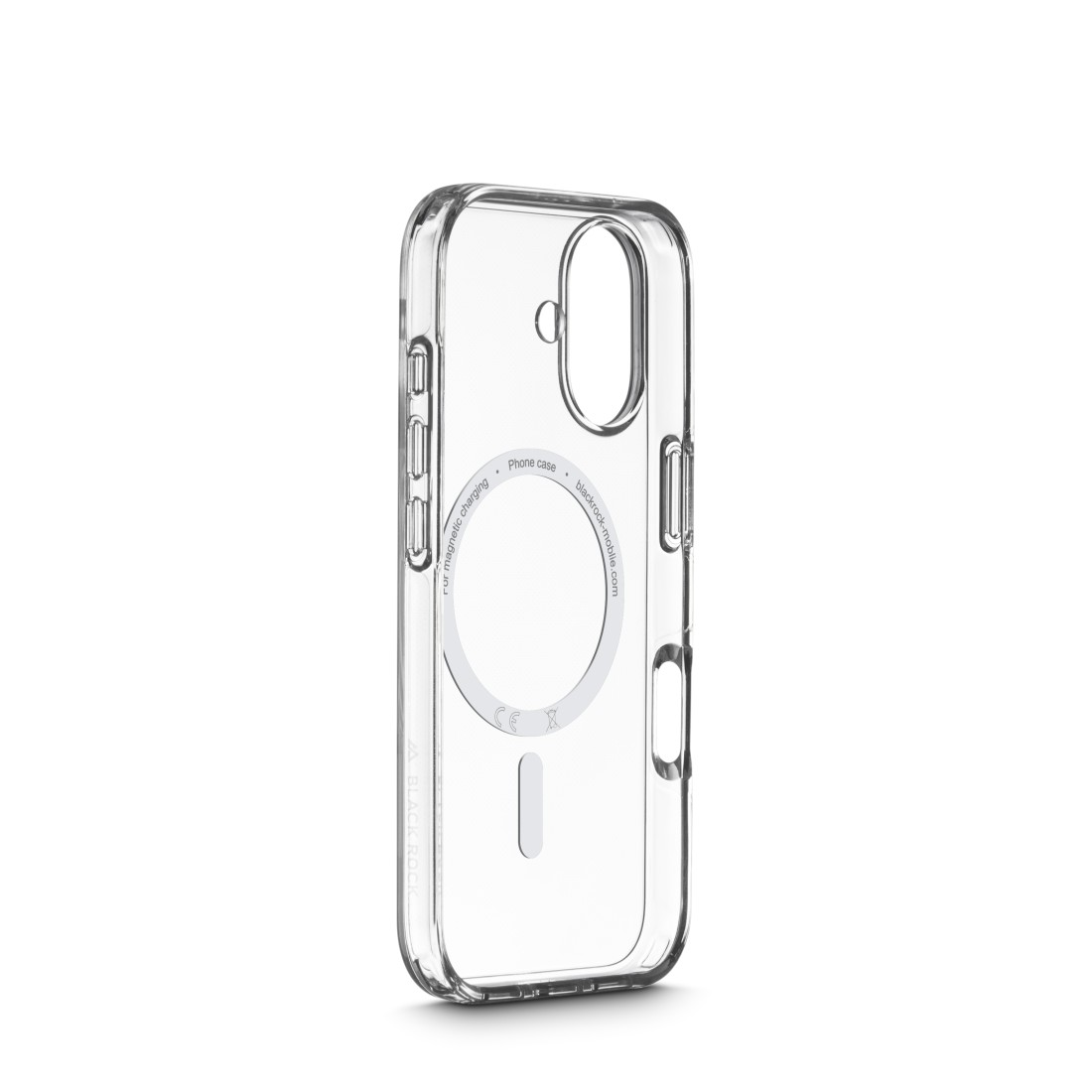 Eine transparente Handyhülle mit kreisförmigem Design zum magnetischen Laden. Die Hülle hat Aussparungen für Kamera und Knöpfe, vor weißem Hintergrund.