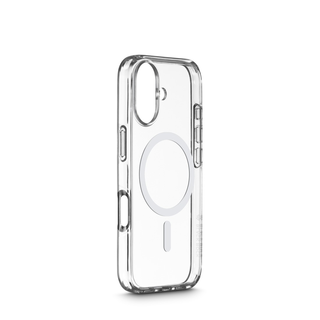 Eine transparente Handyhülle mit einem MagSafe-Ring. Die Hülle hat Öffnungen für Kamera und Knöpfe. Vor weißem Hintergrund.