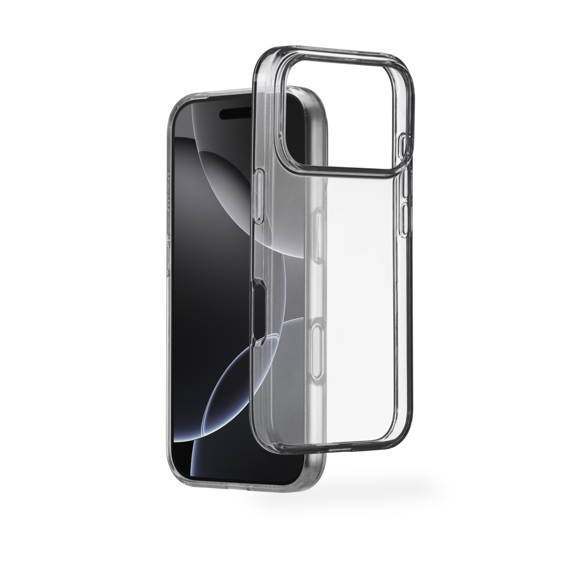 Ein iPhone mit transparenter Schutzhülle, leicht geöffnet. Der Bildschirm zeigt ein Wallpaper mit gebogenen weißen Linien auf dunklem Hintergrund.