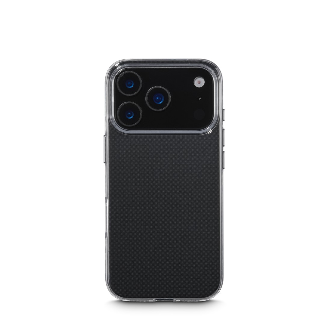 Ein schwarzes Smartphone mit drei Kameralinsen und einer transparenten Hülle steht vor weißem Hintergrund.