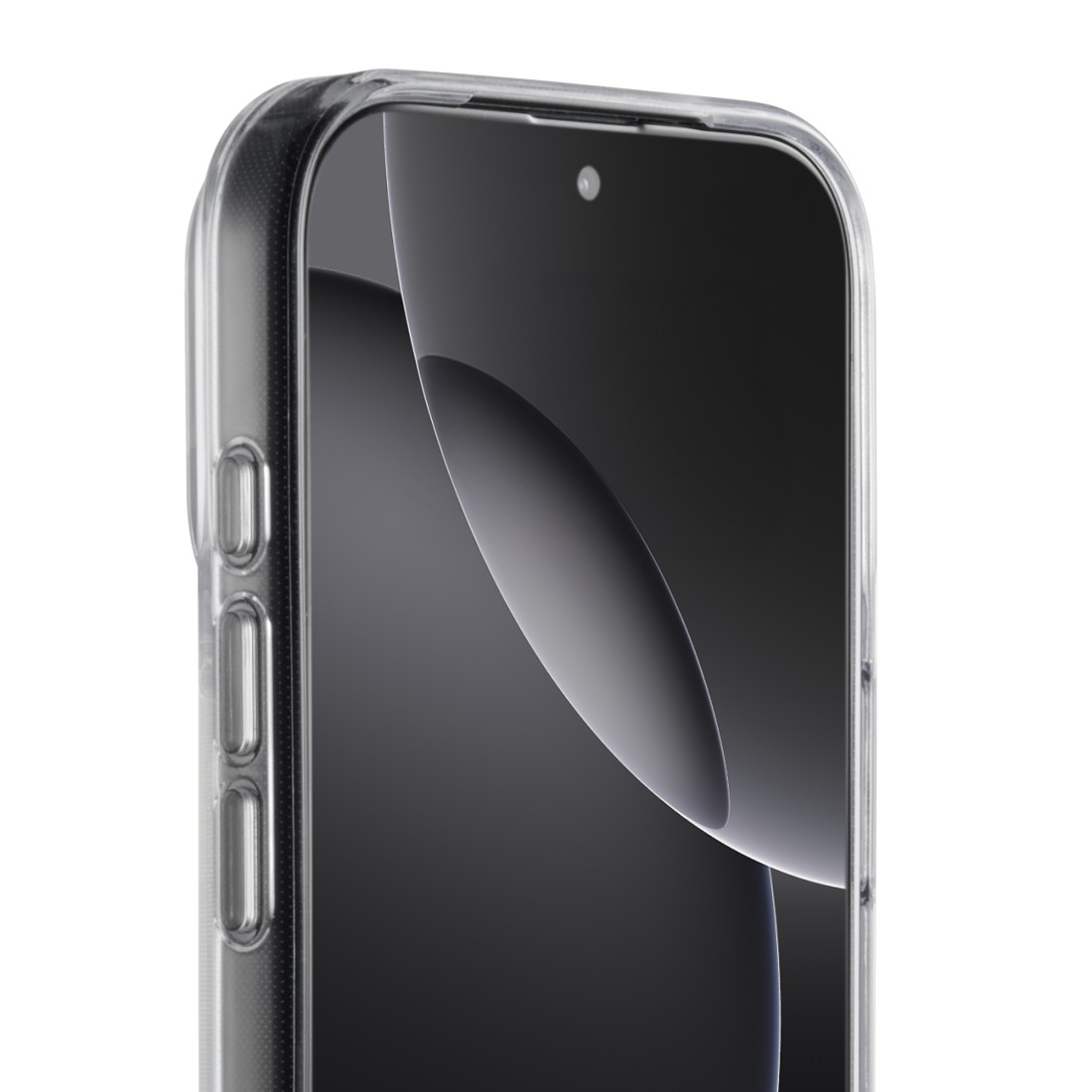 Nahaufnahme eines Smartphones in einer durchsichtigen Schutzhülle. Zeigt Bildschirm, Kamera und Seitentasten. Weißer Hintergrund.