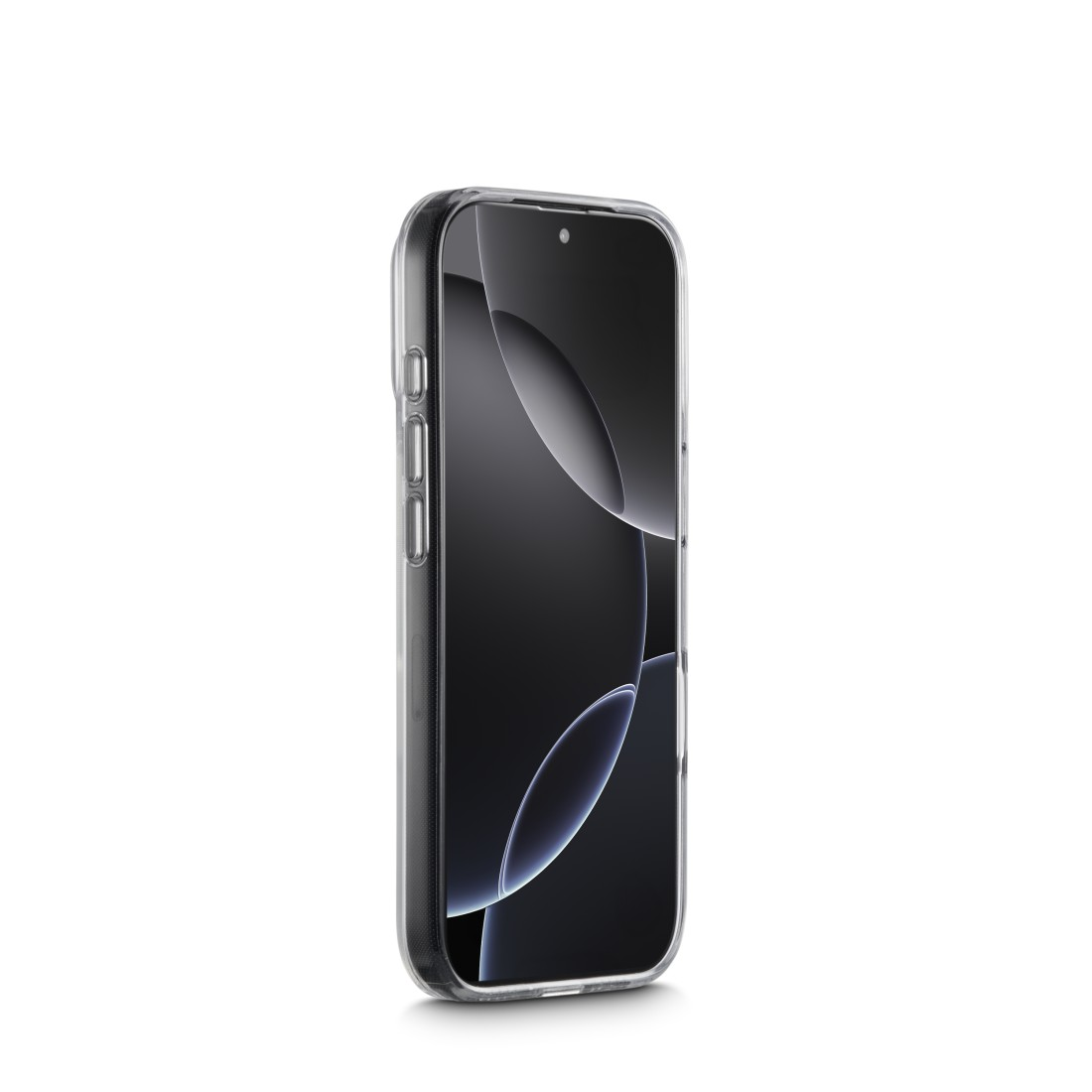 Ein Smartphone in einer transparenten Hülle vor weißem Hintergrund. Der Bildschirm zeigt einen dunklen Hintergrund mit hellen Kurven.