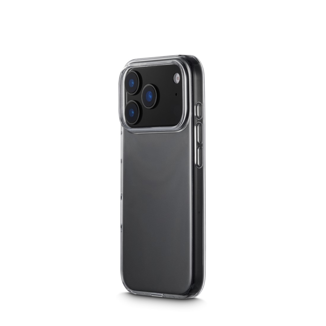 Ein Smartphone in einer durchsichtigen Hülle, drei Kameralinsen sichtbar. Das Telefon ist grau, die Hülle klar. Weißer Hintergrund.