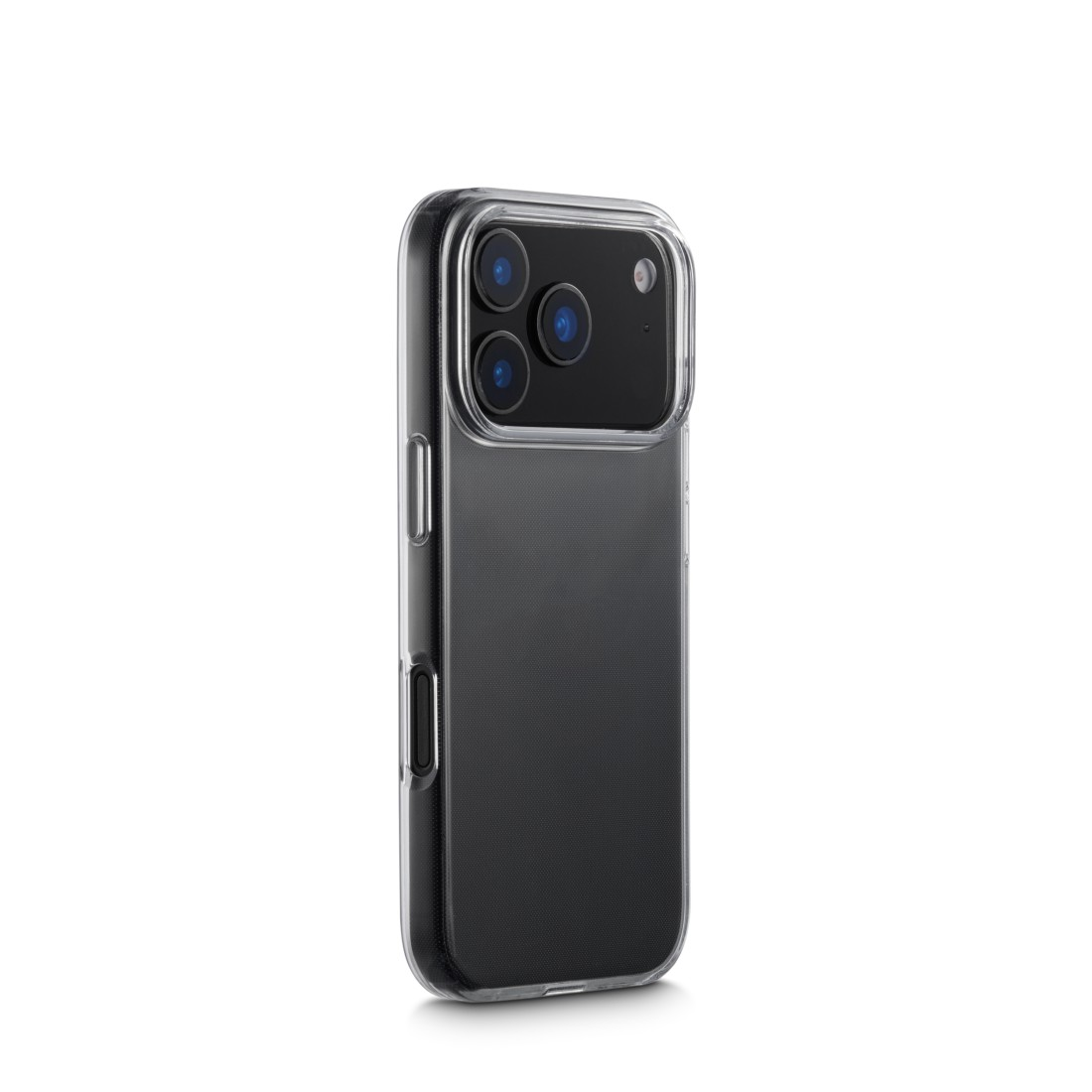 Ein Smartphone in einer transparenten Hülle. Das Telefon hat drei Kameralinsen auf der Rückseite. Der Hintergrund ist weiß.