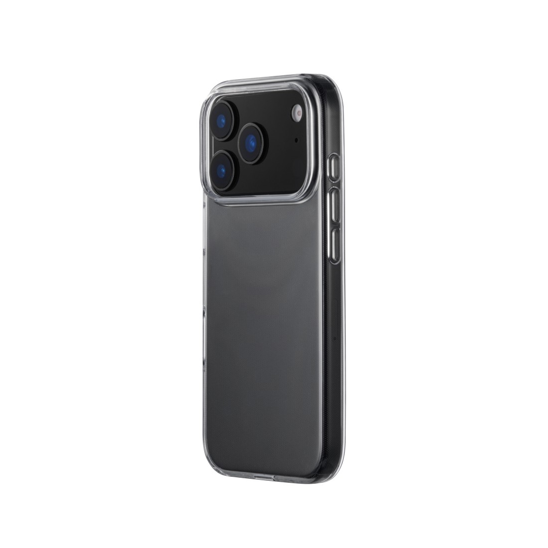 Ein Smartphone mit einer transparenten Schutzhülle. Das Telefon hat drei Kameralinsen und einen Blitz auf der Rückseite. Der Hintergrund ist weiß.