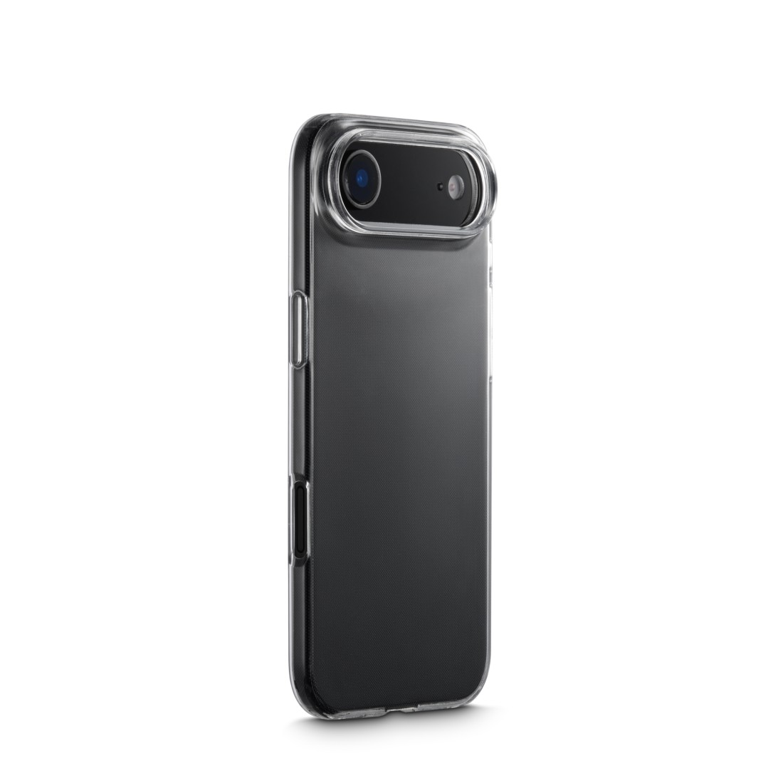 Ein Smartphone in einer transparenten Hülle, vor weißem Hintergrund. Das Telefon ist schwarz, mit einer transparenten Kameraobjektivabdeckung.
