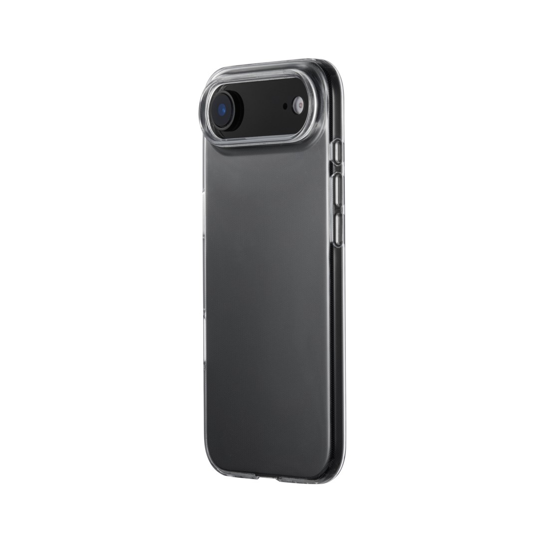 Eine transparente Handyhülle auf weißem Hintergrund. Die Handyhülle befindet sich auf einem Telefon. Die Kamera ist sichtbar.
