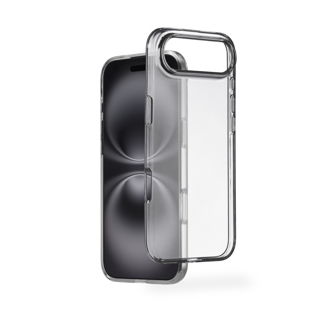 Eine transparente Handyhülle neben einem schwarzen Smartphone, beides vor weißem Hintergrund. Die Hülle ist offen und zeigt den Bildschirm.