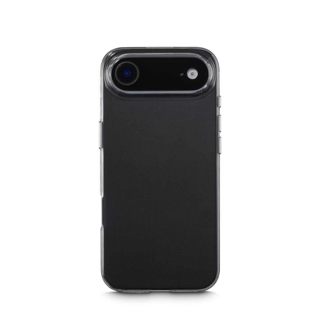 Ein schwarzes Smartphone in einer durchsichtigen Hülle. Das Telefon hat oben eine Dual-Kamera und ist vor weißem Hintergrund.
