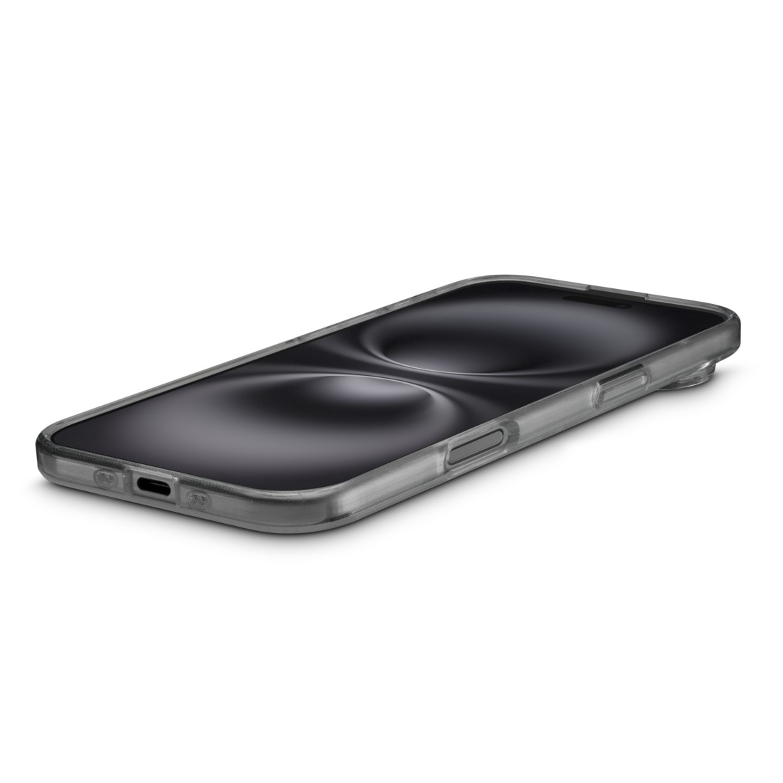 Ein Smartphone in einer durchsichtigen Hülle liegt auf einer weißen Oberfläche. Der Bildschirm zeigt ein dunkles, abstraktes Design.