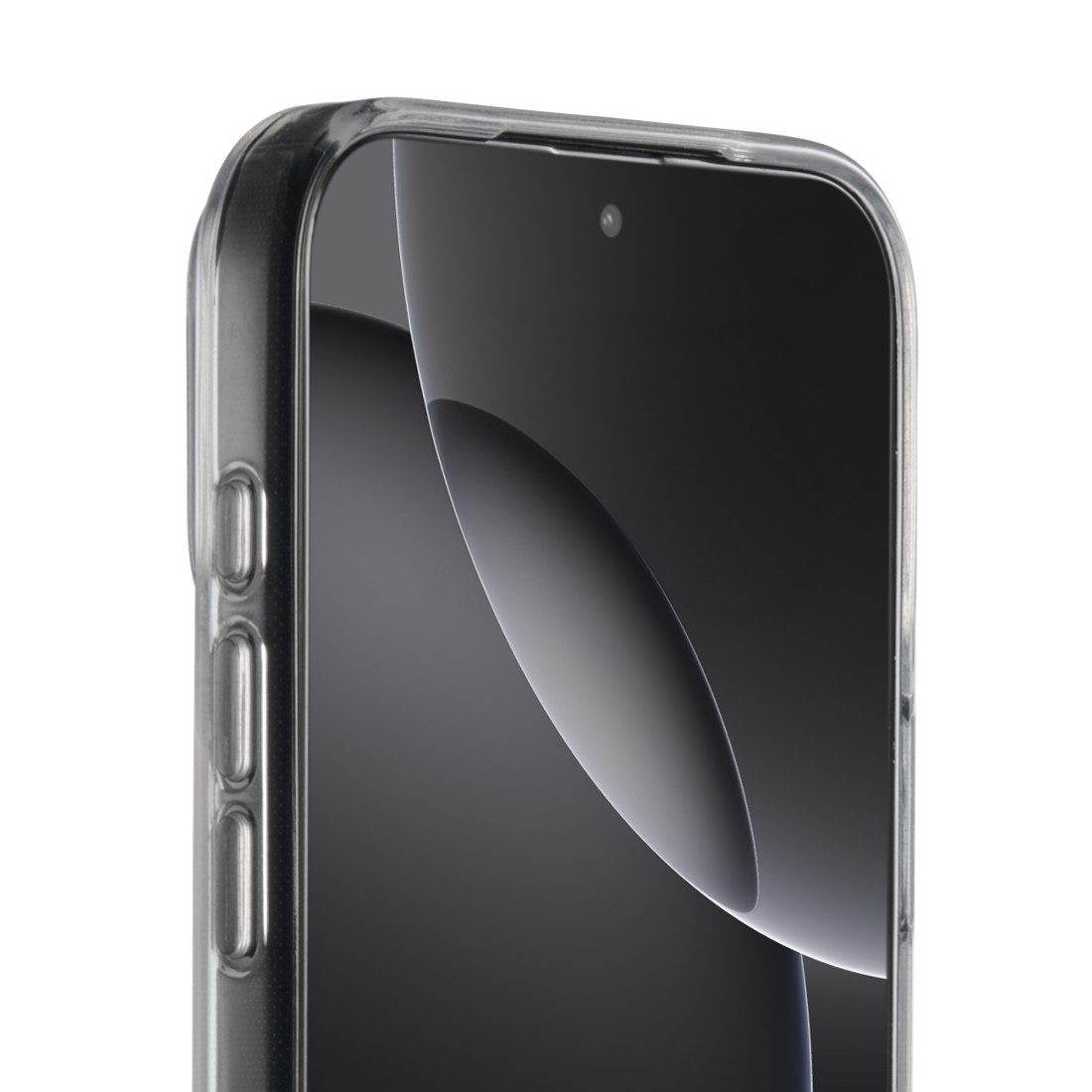 Nahaufnahme eines Smartphones in einer transparenten Hülle. Der Bildschirm ist schwarz mit einer Kamera oben. Seitentasten sind links sichtbar.