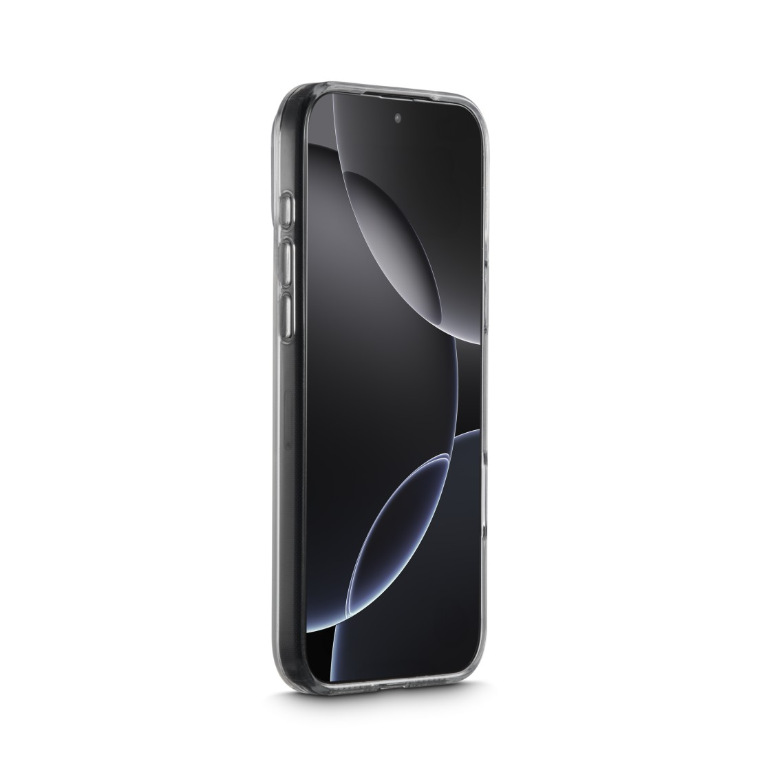 Ein Smartphone in einer transparenten Hülle ist leicht angewinkelt. Der Bildschirm zeigt ein dunkles, abstraktes Design mit hellen, geschwungenen Formen.