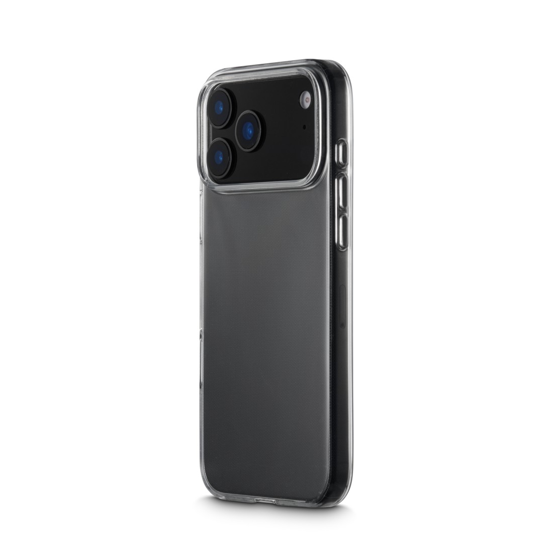 Ein Smartphone in einer durchsichtigen Hülle, mit drei Kameralinsen sichtbar. Die Hülle ist transparent und zeigt die dunkle Rückseite des Telefons.