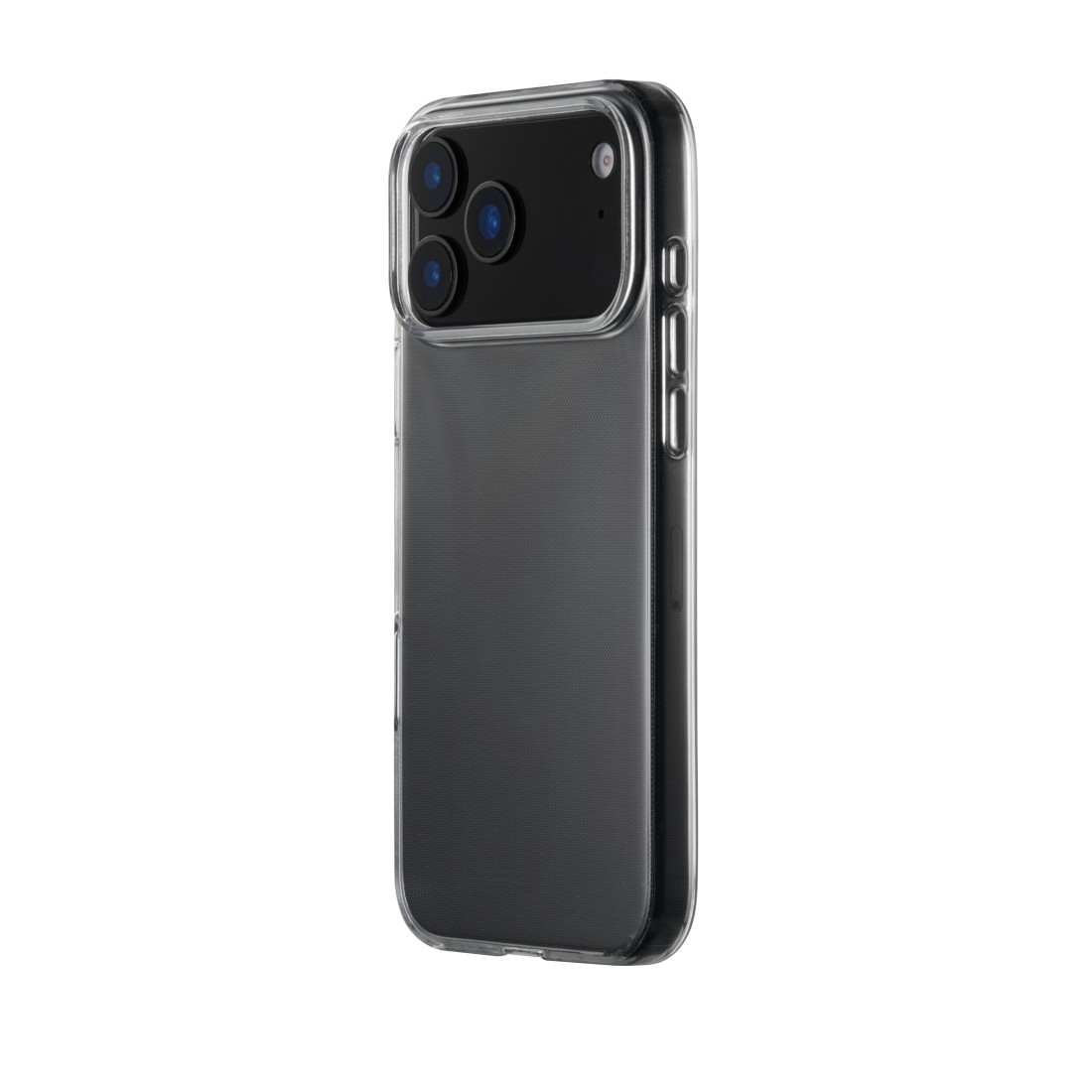 Ein Smartphone in einer transparenten Hülle. Das Telefon hat drei Kameras und befindet sich vor weißem Hintergrund.