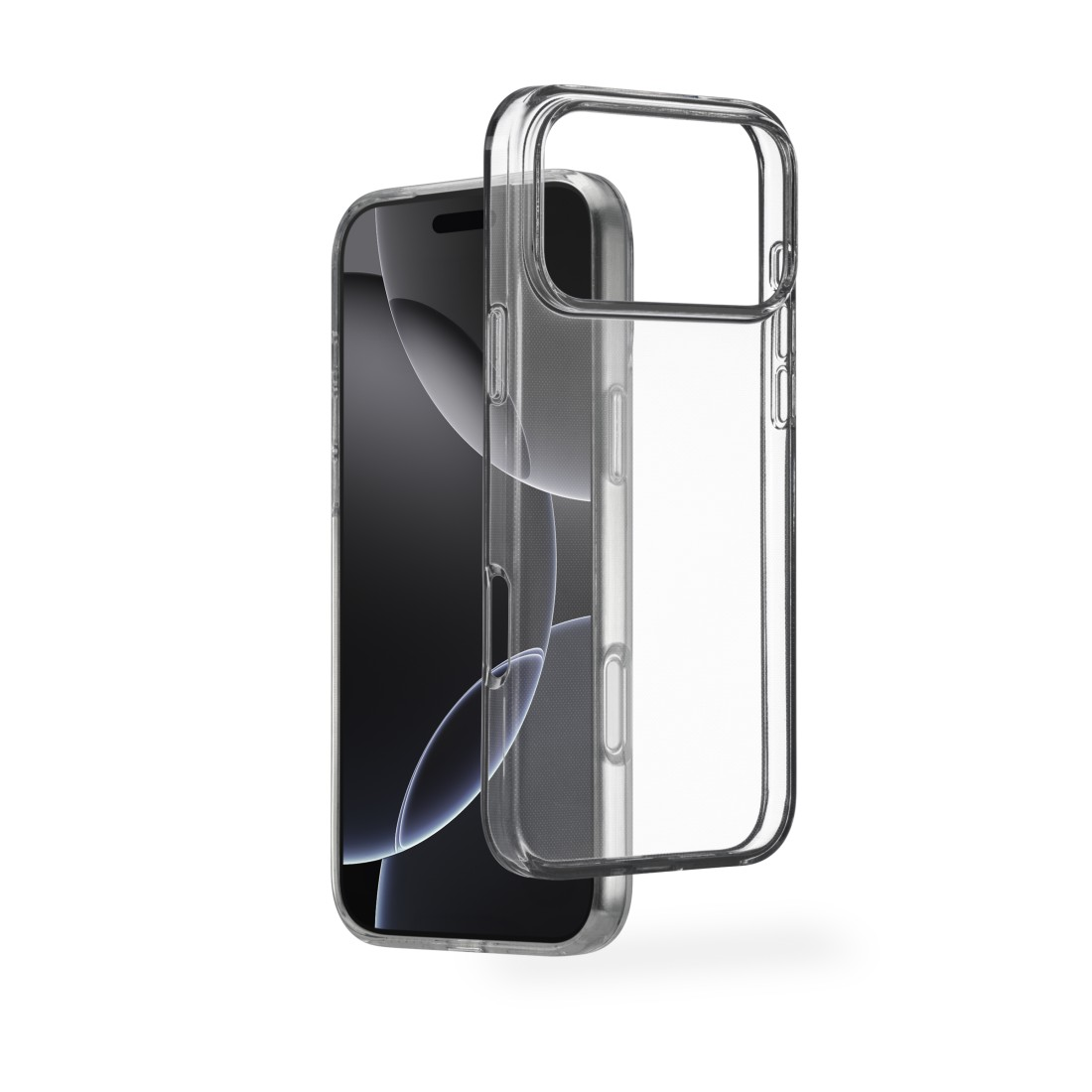 Ein iPhone mit einer durchsichtigen Schutzhülle wird vor einem weißen Hintergrund gezeigt. Die Hülle ist leicht vom Telefon versetzt.