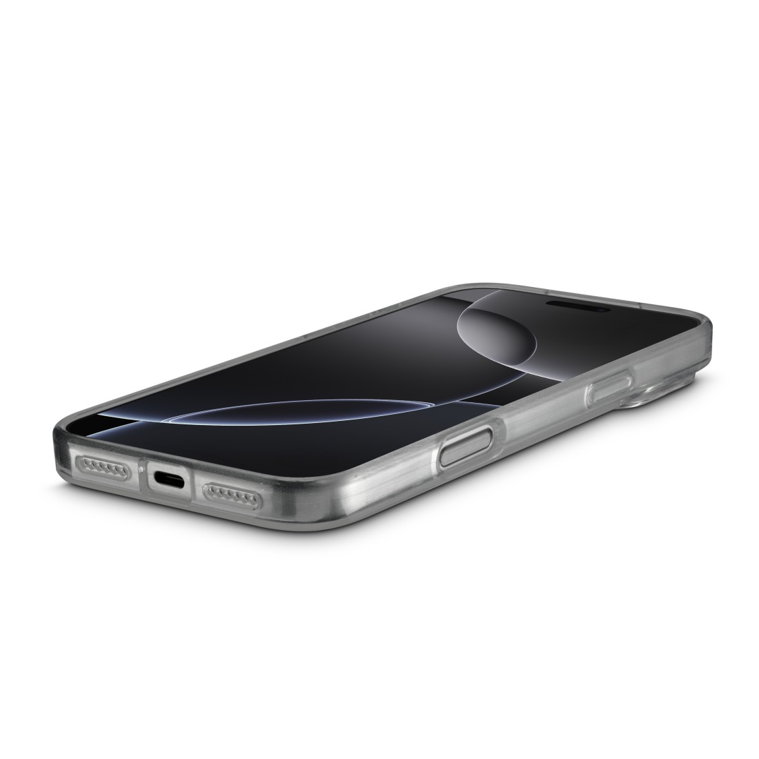Ein Smartphone in einer transparenten Hülle wird im Winkel gezeigt, das Display zeigt ein dunkles abstraktes Design, weißer Hintergrund.
