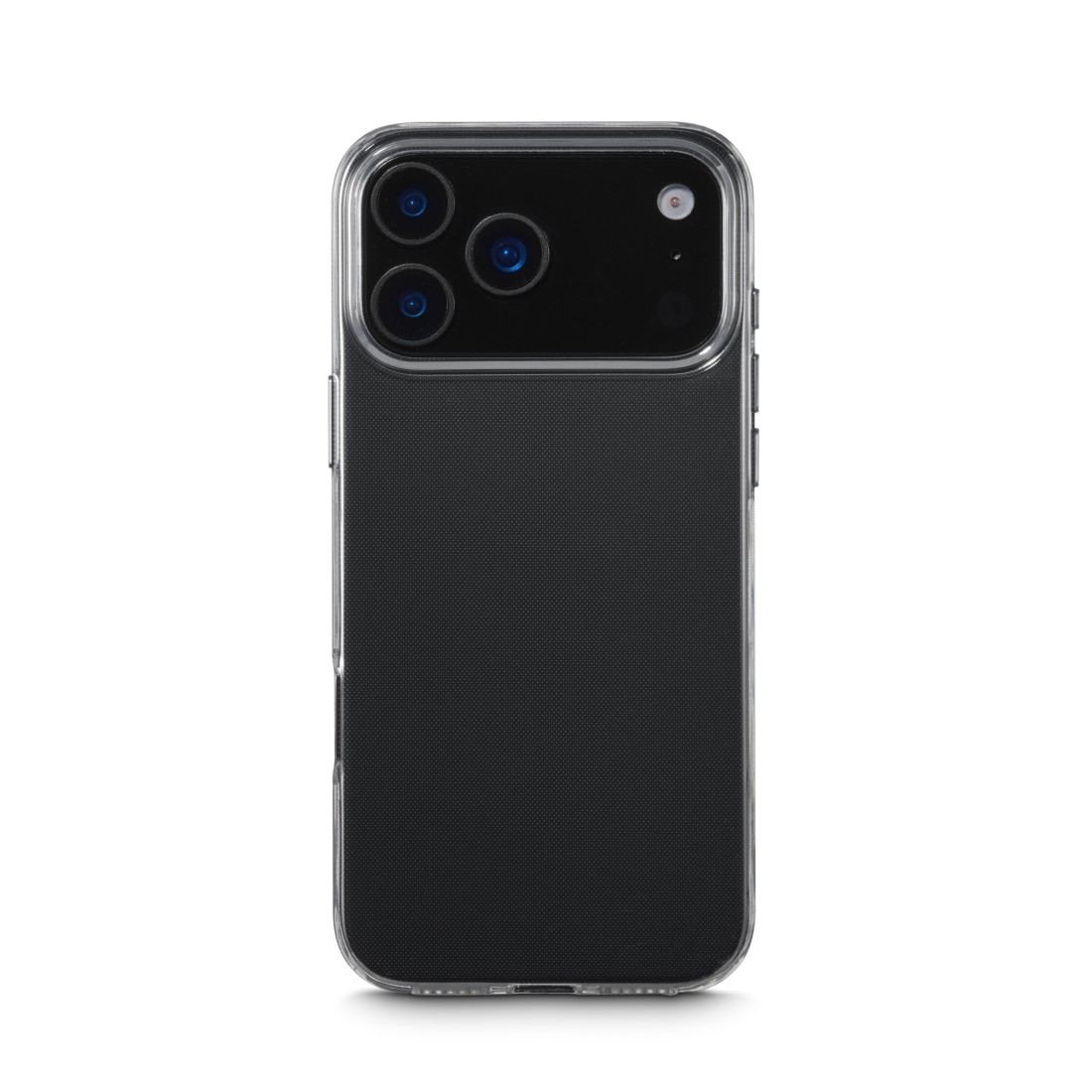 Ein schwarzes Smartphone mit transparentem Gehäuse steht im Mittelpunkt auf weißem Grund. Es hat mehrere Kameras auf der Rückseite.