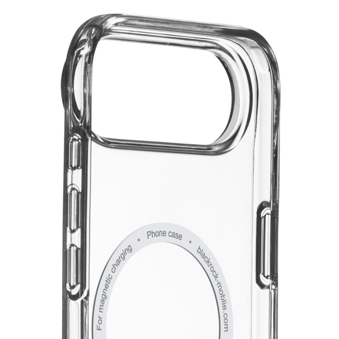 Transparente Handyhülle. Mit kreisförmigem Bereich mit Text für magnetisches Laden und Markenname.