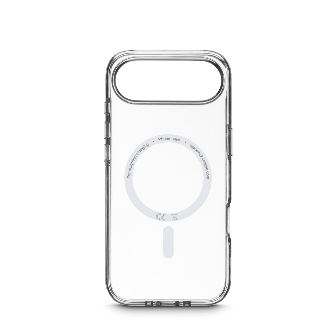 Transparente Handyhülle mit magnetischem Ladekreis. Texte sind 'Phone case', 'blackrock-mobile.com' und 'For magnetic charging'.