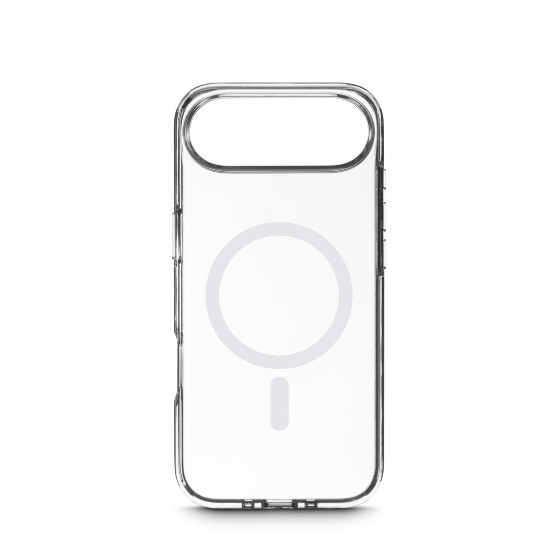Transparente Handyhülle. Enthält ein kreisförmiges MagSafe-Design. Hat eine Öffnung für die Kamera oben. Mit Ausschnitten für die Knöpfe an den Seiten.