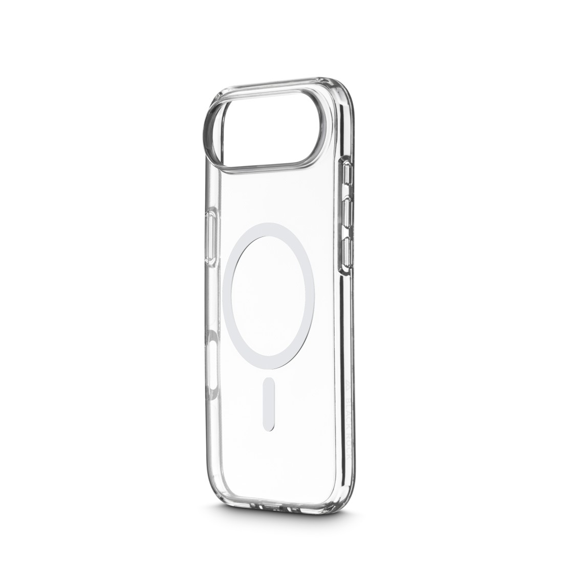 Eine transparente Handyhülle mit rundem MagSafe-Design und Aussparung für die Kamera. Die Hülle befindet sich auf weißem Hintergrund.